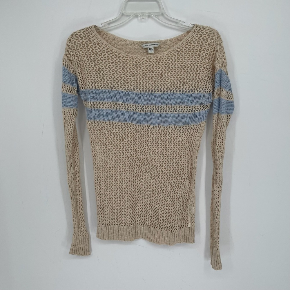 American Eagle Women's Beige Blue Striped Open Knit Crochet Sweater Size XS